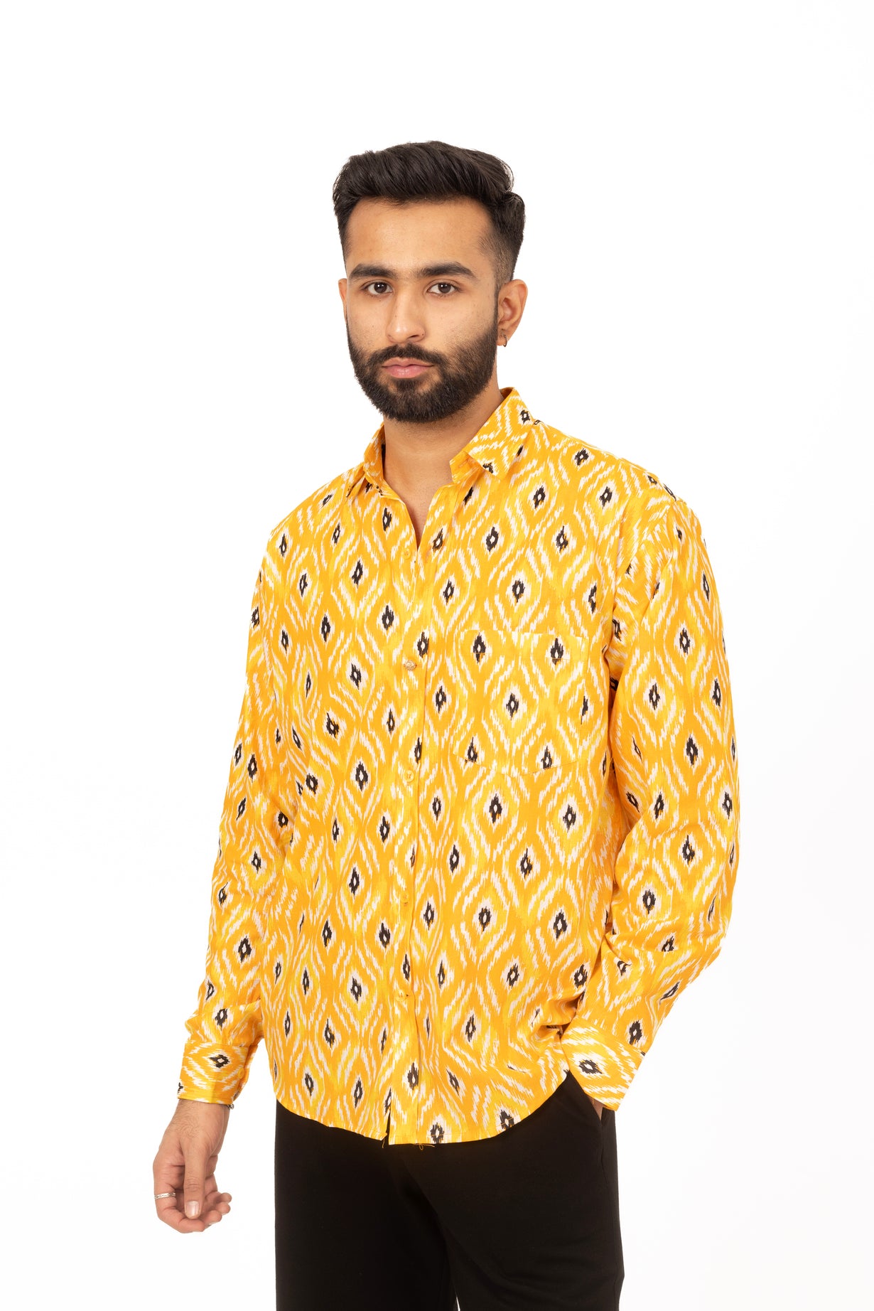 Yellow Ikat Printed Shirt in Cotton