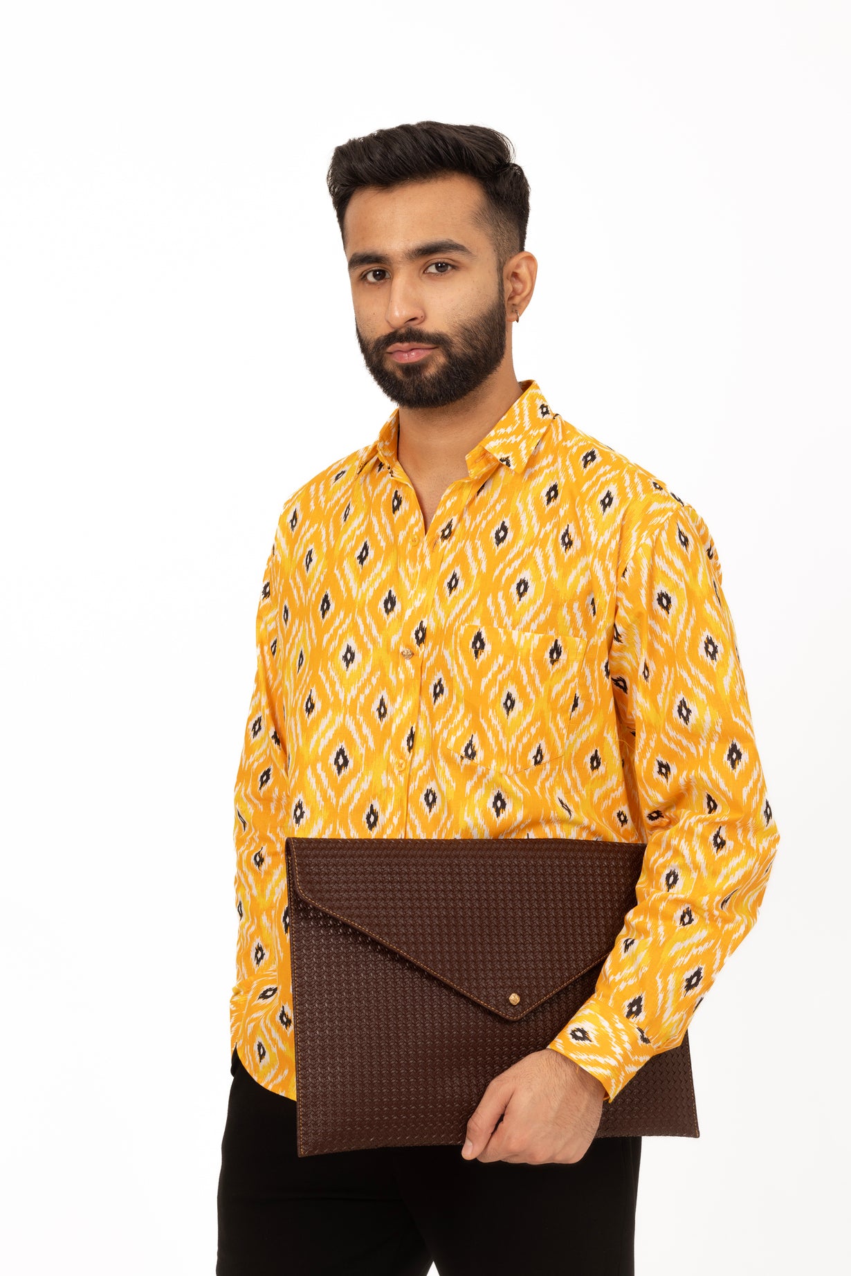 Yellow Ikat Printed Shirt in Cotton