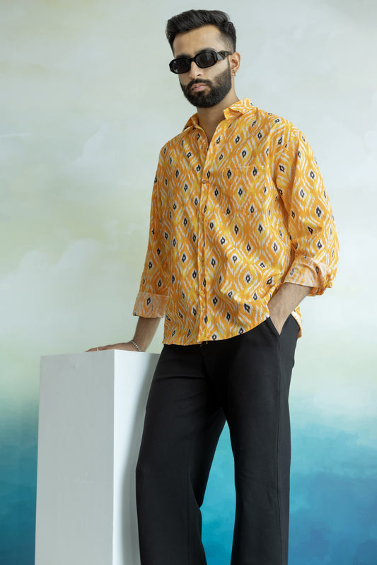 Yellow Ikat Printed Shirt in Cotton